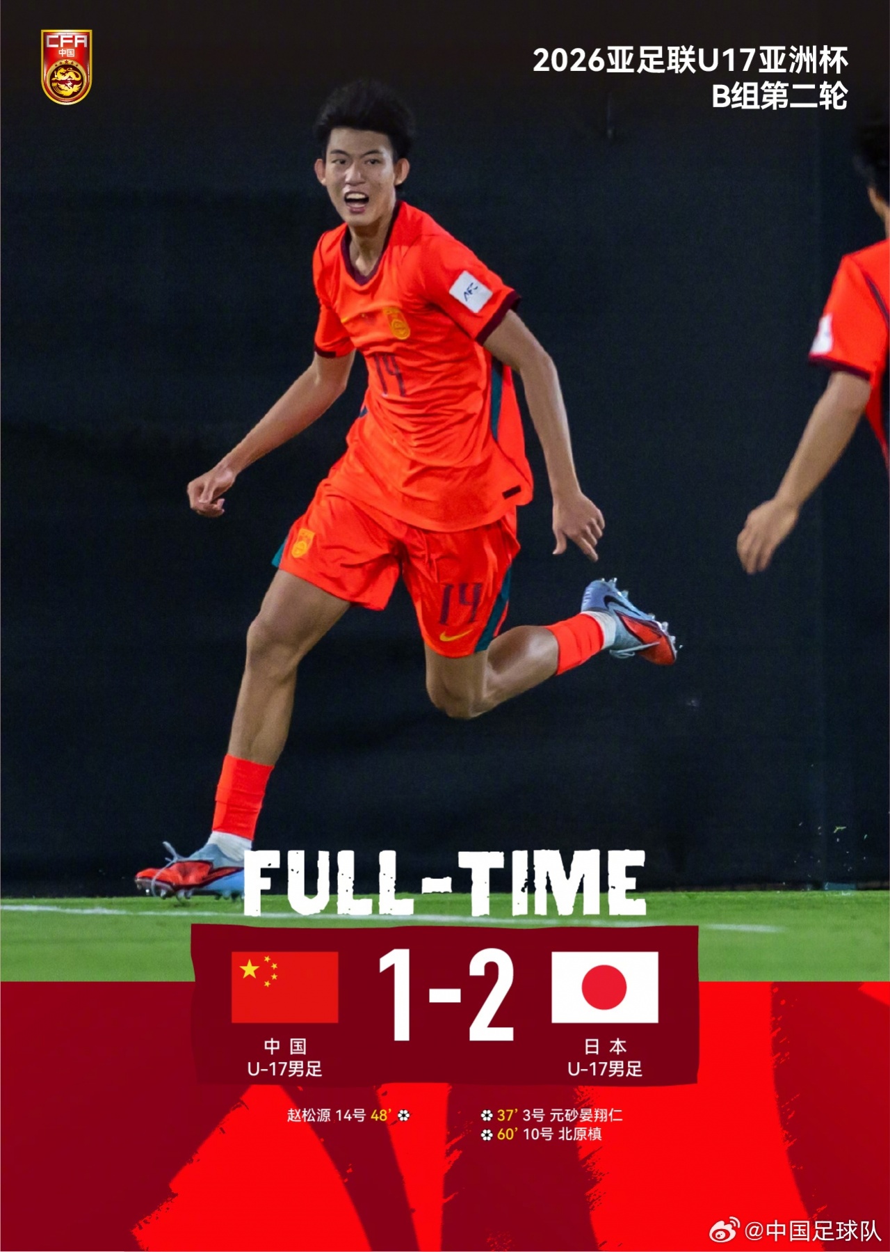 两连败！U17国足1-2日本，全场仅2次射门，赵松源难救主